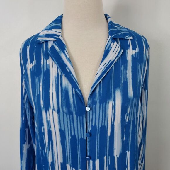 Worthington Shirt Top Flowy Womens Size Medium Button Up Blue White Long Sleeves - Picture 3 of 13